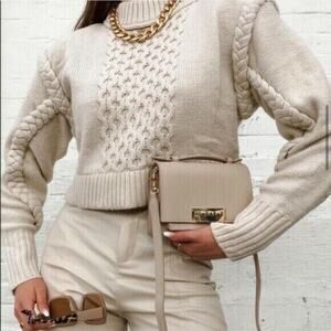 ZARA Wool Blend Cropped Sweater Mock Neck Cable Knit Turtleneck Bloggers fav